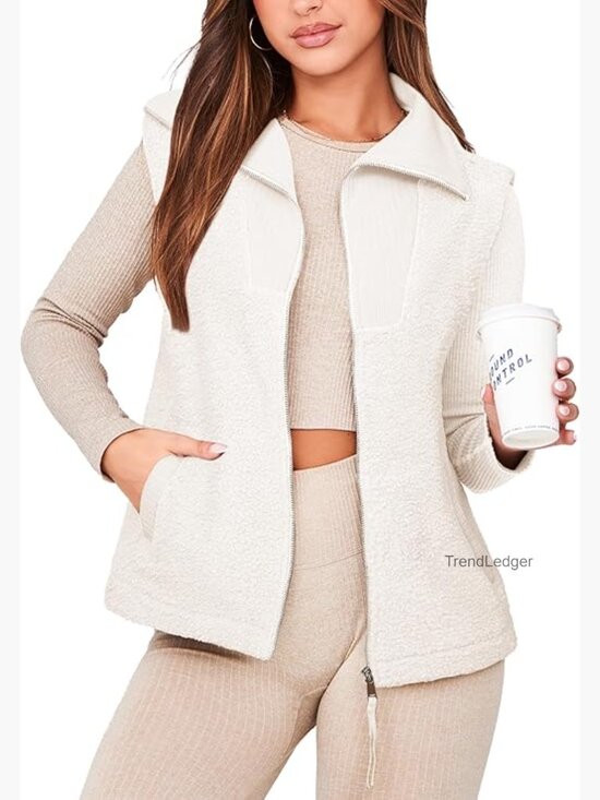 Jackets & Blazers - Sleeveless Fleece Vest Zip Up Sherpa Jacket with Pocket Winter Outerwear